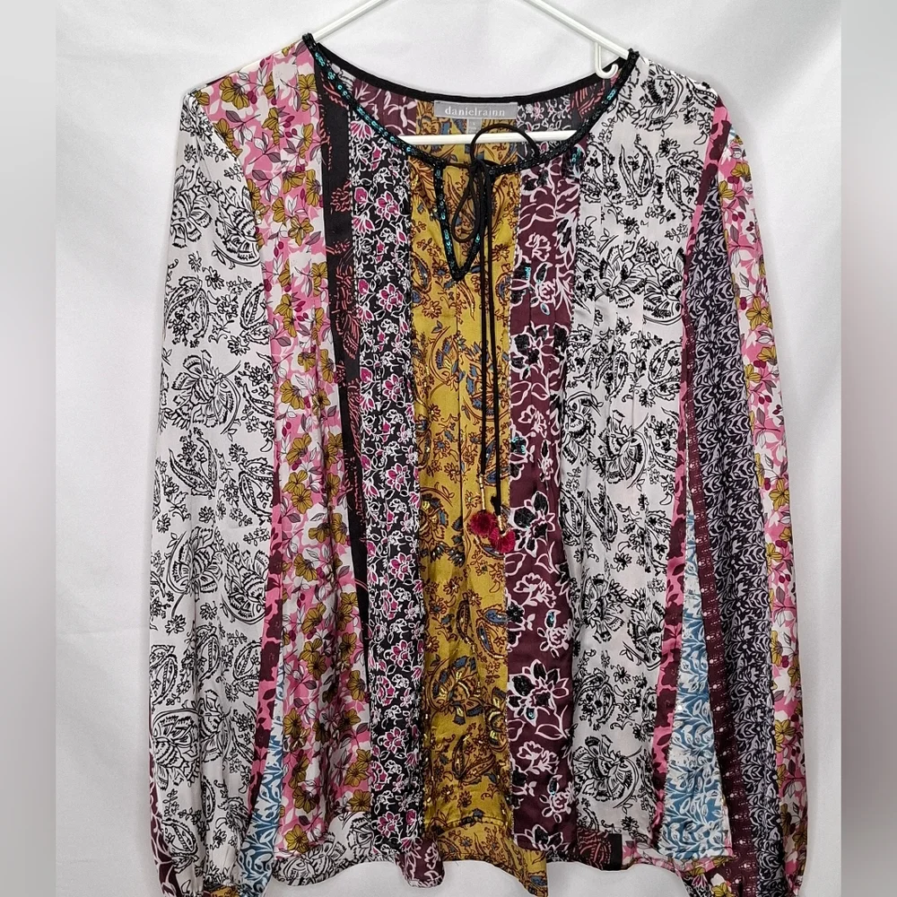 Anthropologie Daniel Rainn Corinne Beaded Sequin Mixed Blouse Peasant Top Large - Picture 2 of 9